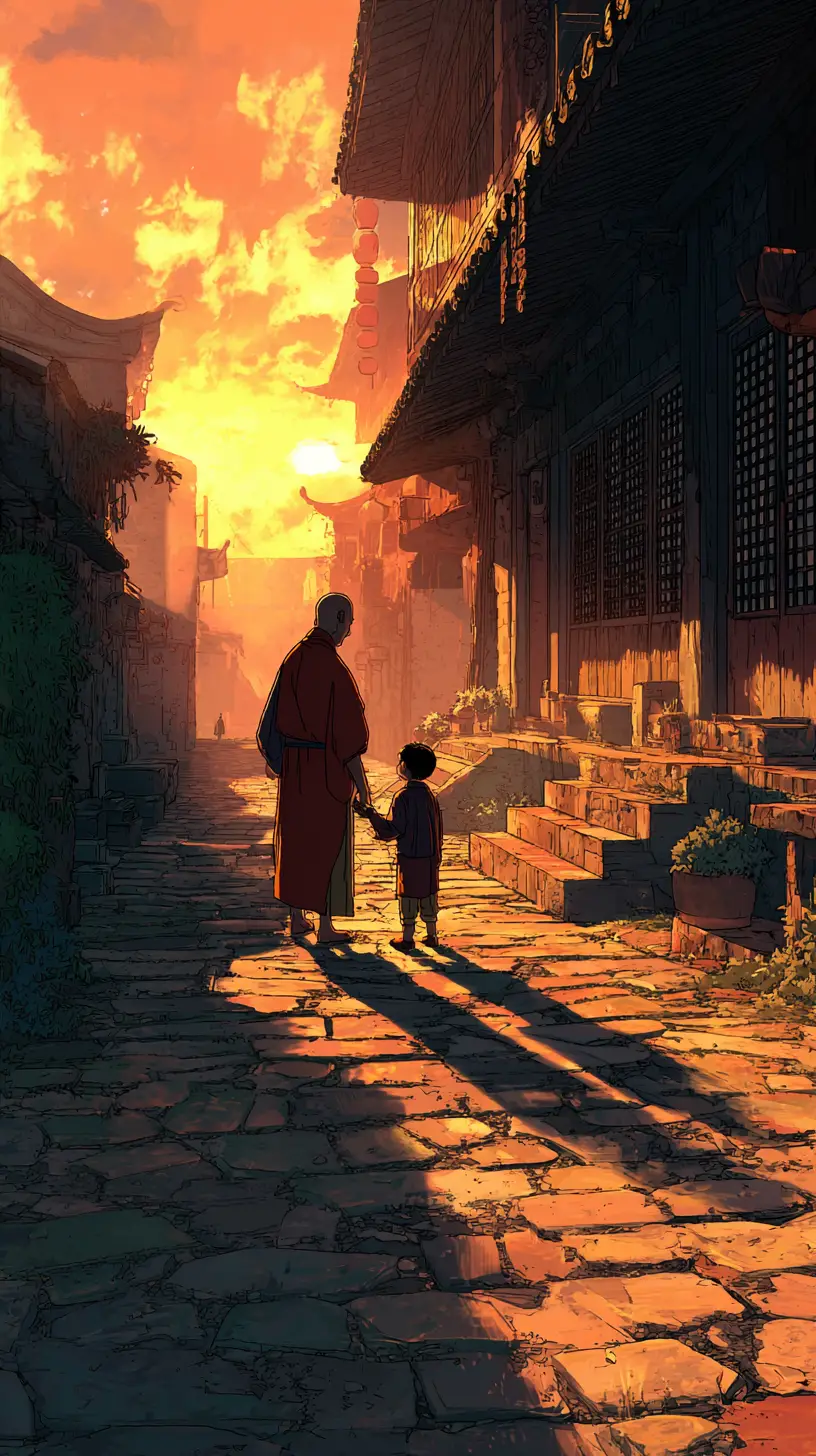 夕陽下古老鵝卵石街道上的僧侶與男孩