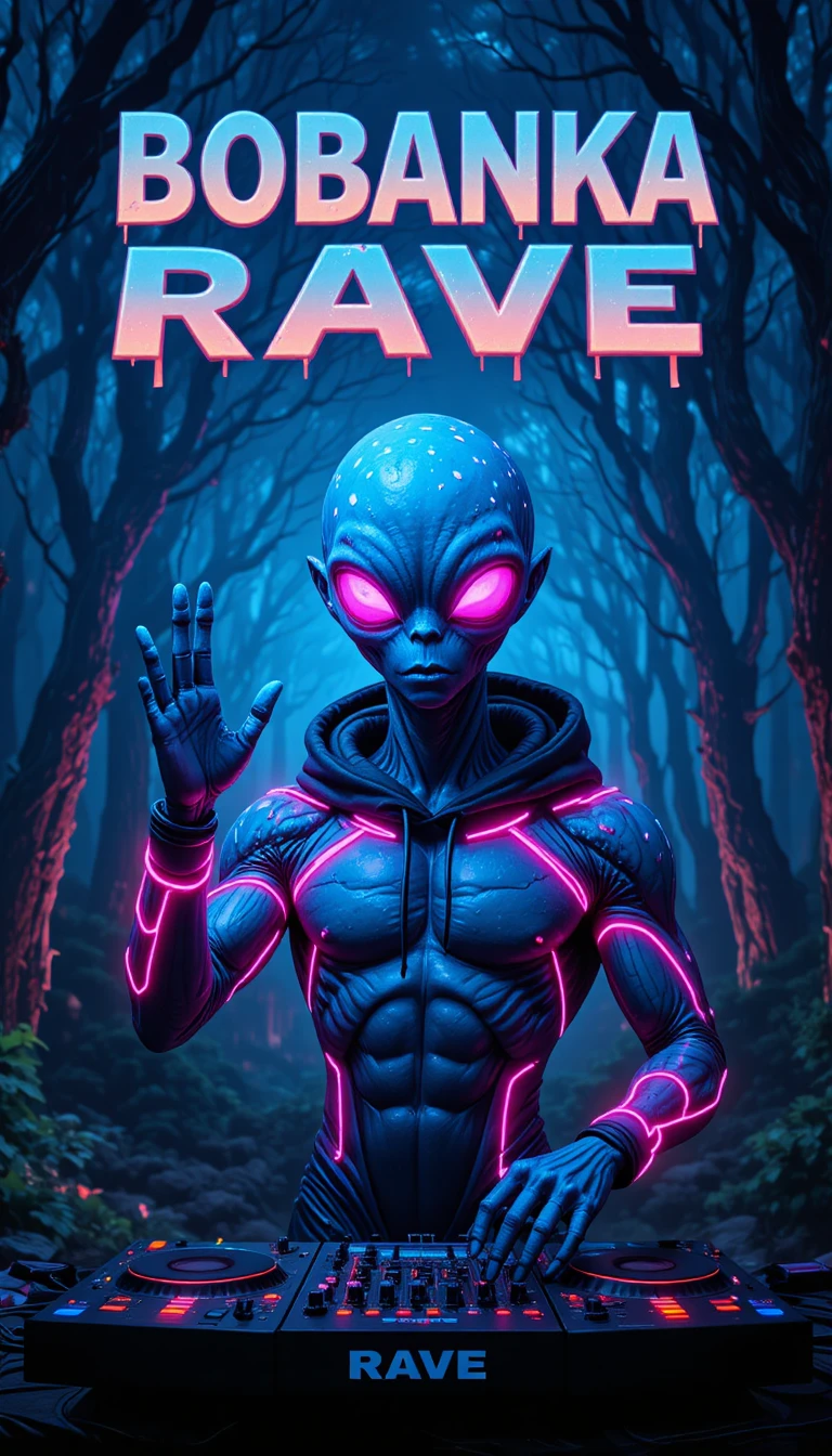DJ alienígena cogumelo psicodélico em um rave na floresta brilhante