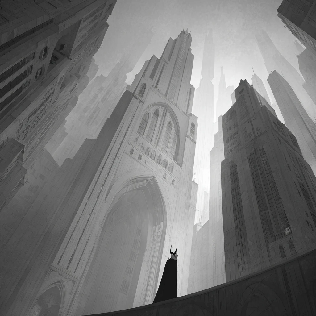Surreal Gotham city drifting through a misty cathedral