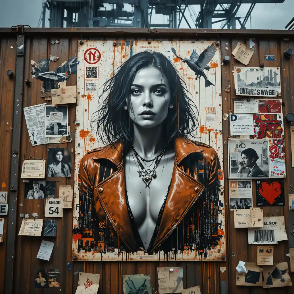 Poster glitch noir di una feroce donna sci‑fi