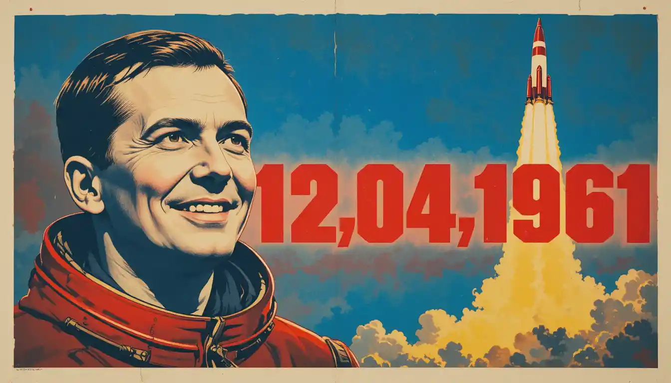 Vintage Soviet poster with Yuri Gagarin portrait and rocket