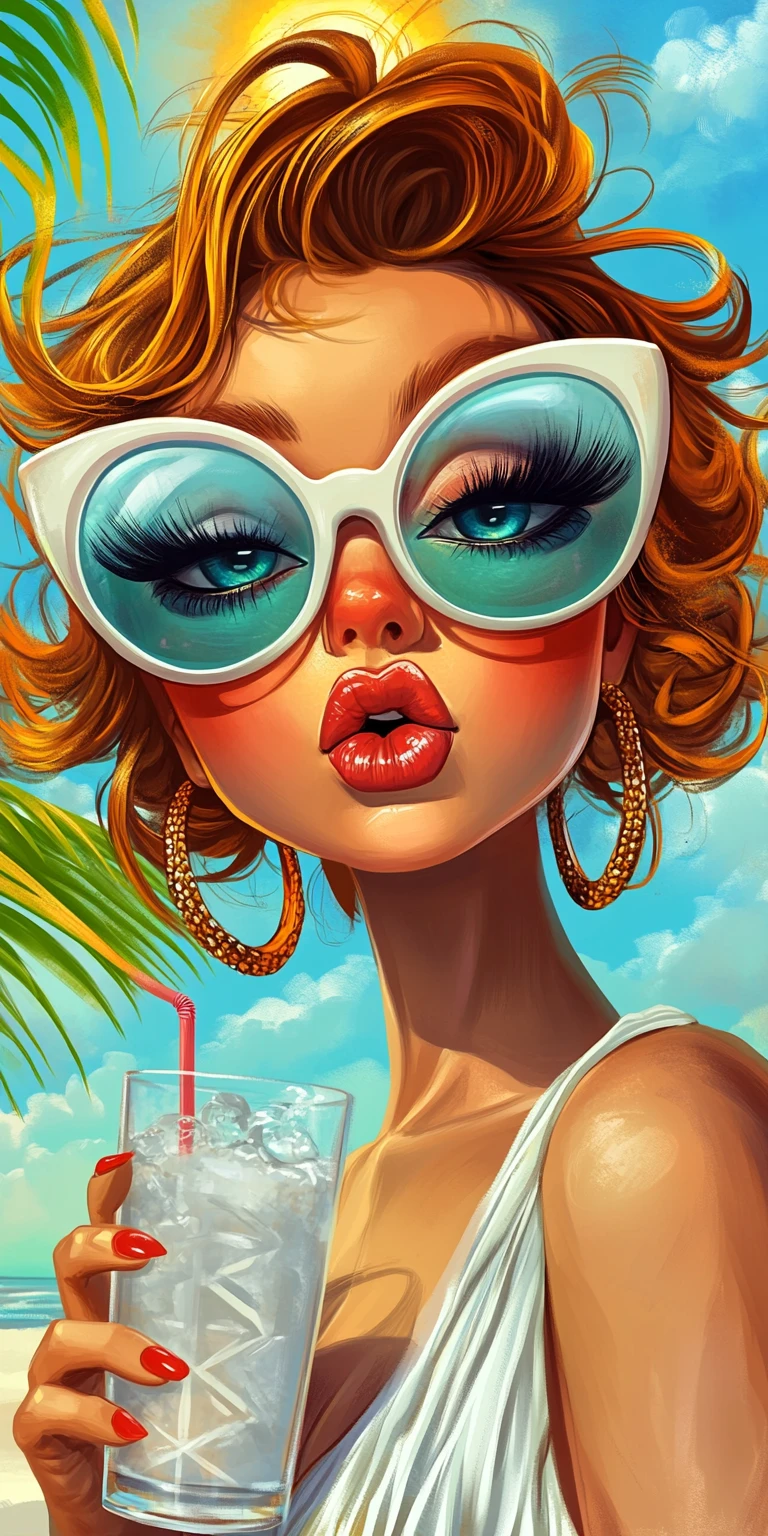 Diva da spiaggia cartoon con occhiali da sole e bevanda ghiacciata