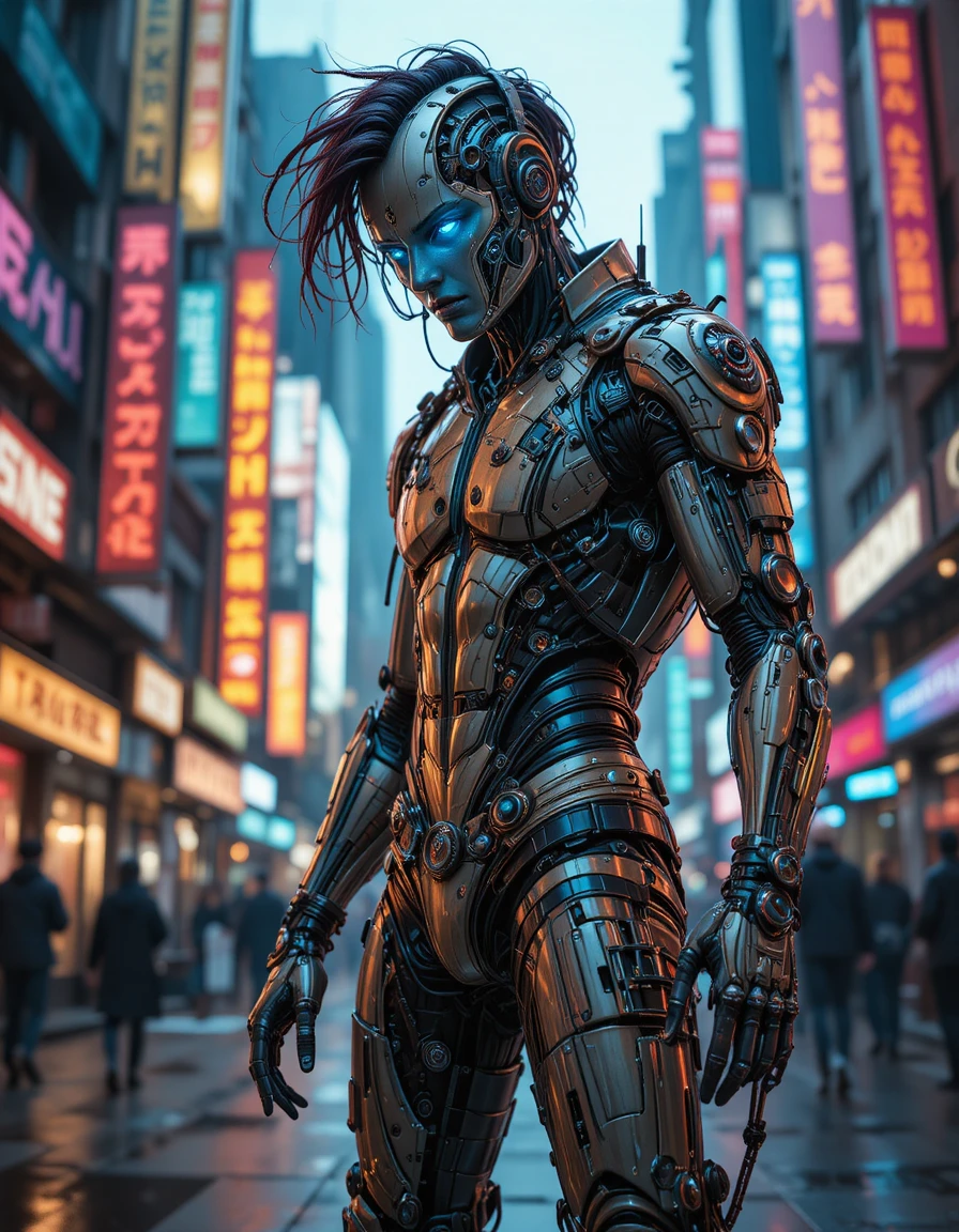 Ciborgue cyberpunk posando em rua de metrópole futurista com neon