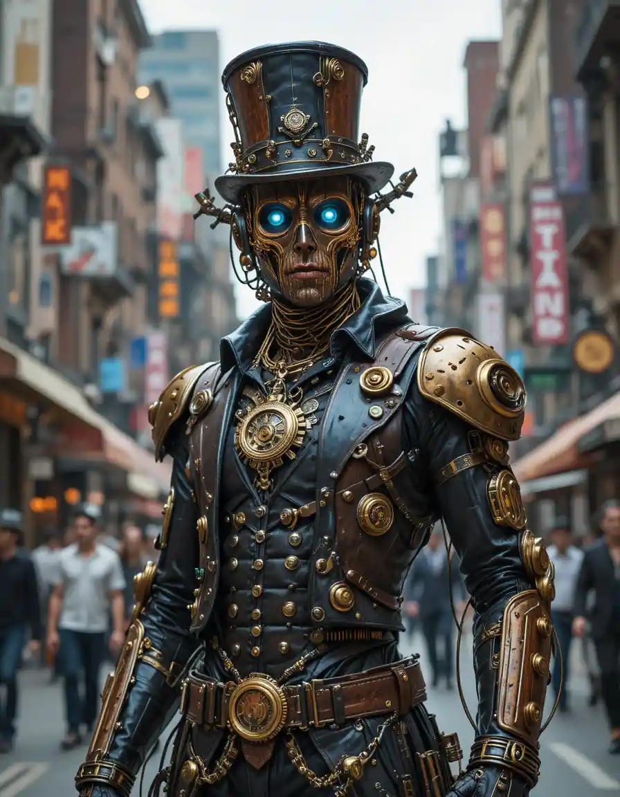 Herói ciborgue steampunk posando em uma rua movimentada de cidade de latão