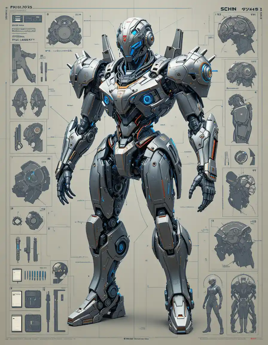 Futuristischer kybernetischer Mecha-Bauplan mit detailreichem Cockpit-Layout