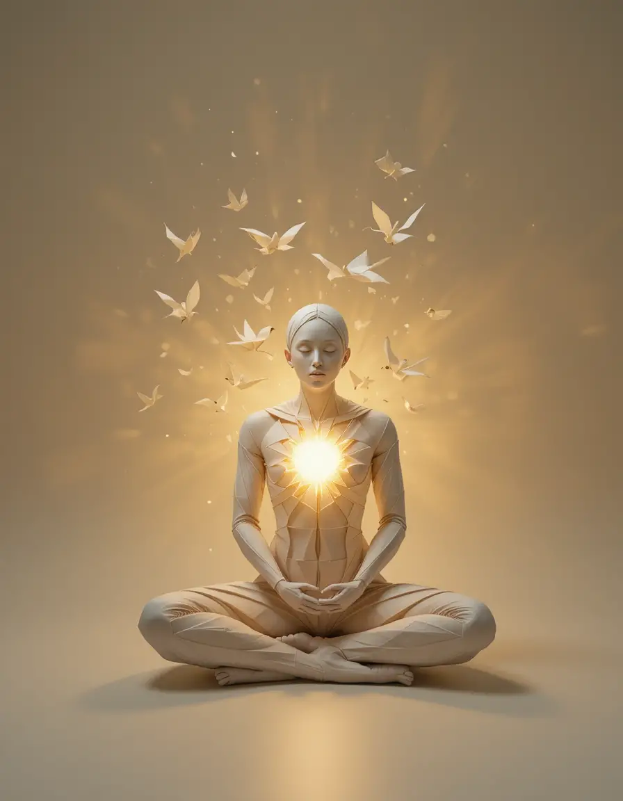 Origami human figure with glowing heart and flying paper birds