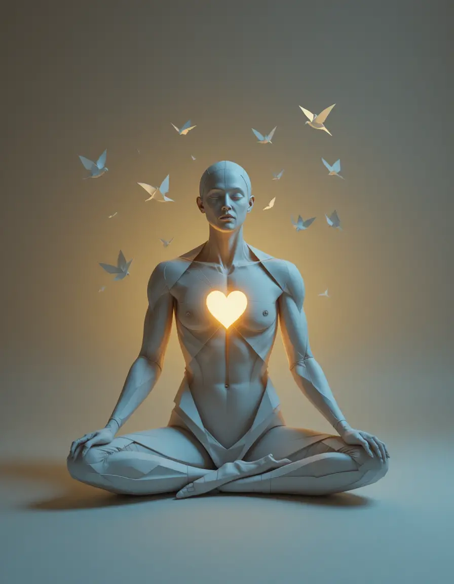 Minimal origami figure with glowing heart and paper birds