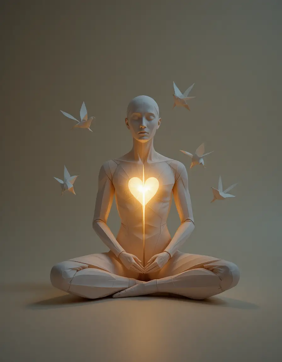 Origami human figure with glowing heart and paper birds