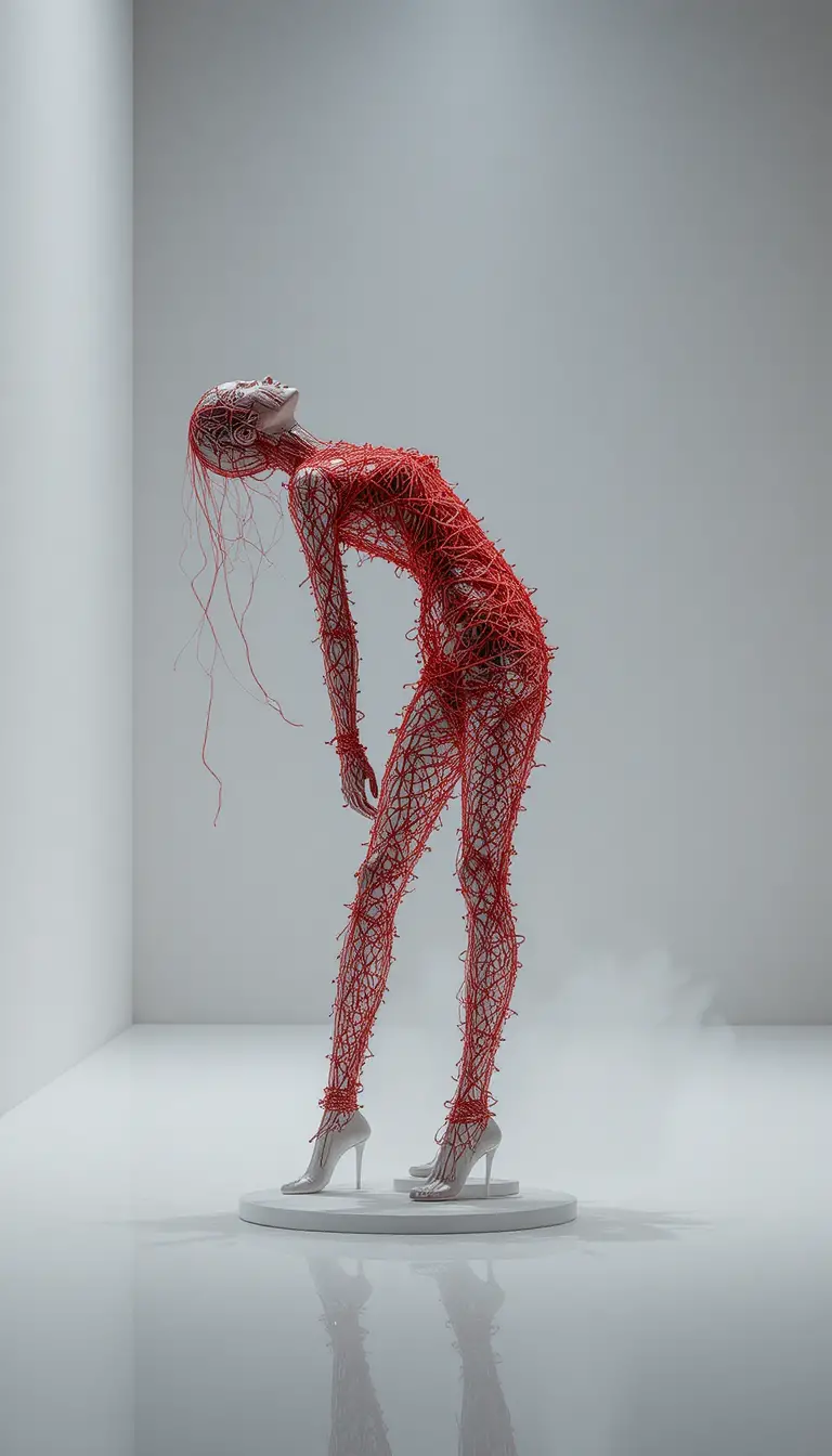 Mannequin Bound In Red Threads In Endless White Void