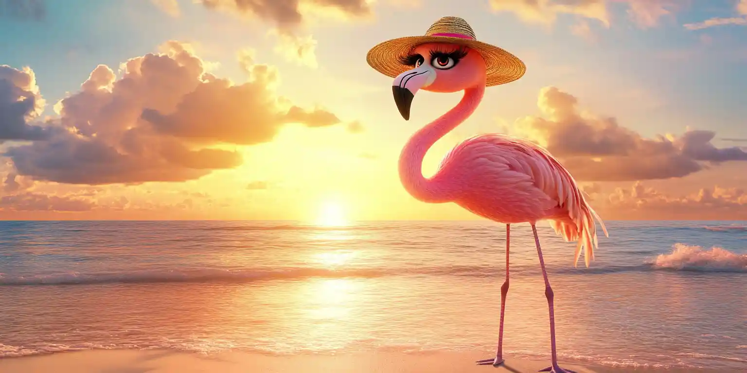 Glamorous flamingo posing on one leg at tropical beach
