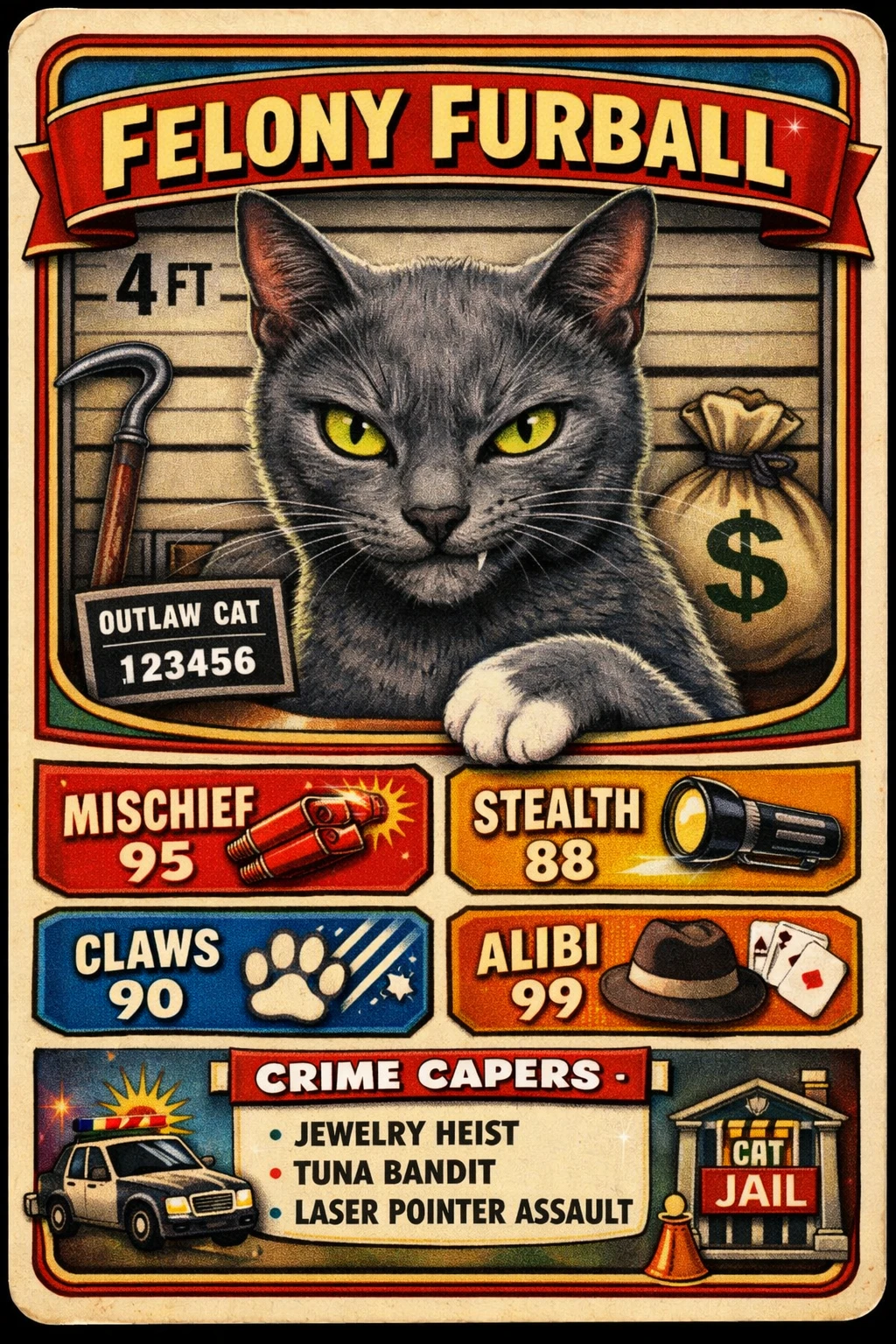 Gato doméstico criminoso e brincalhão em carta vintage colorida