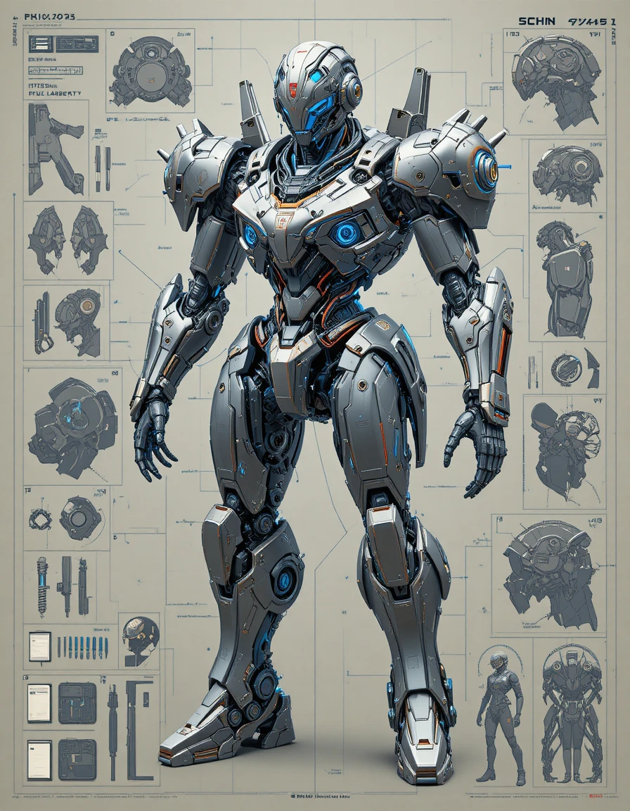 Futuristic cybernetic mecha blueprint with detailed cockpit layout