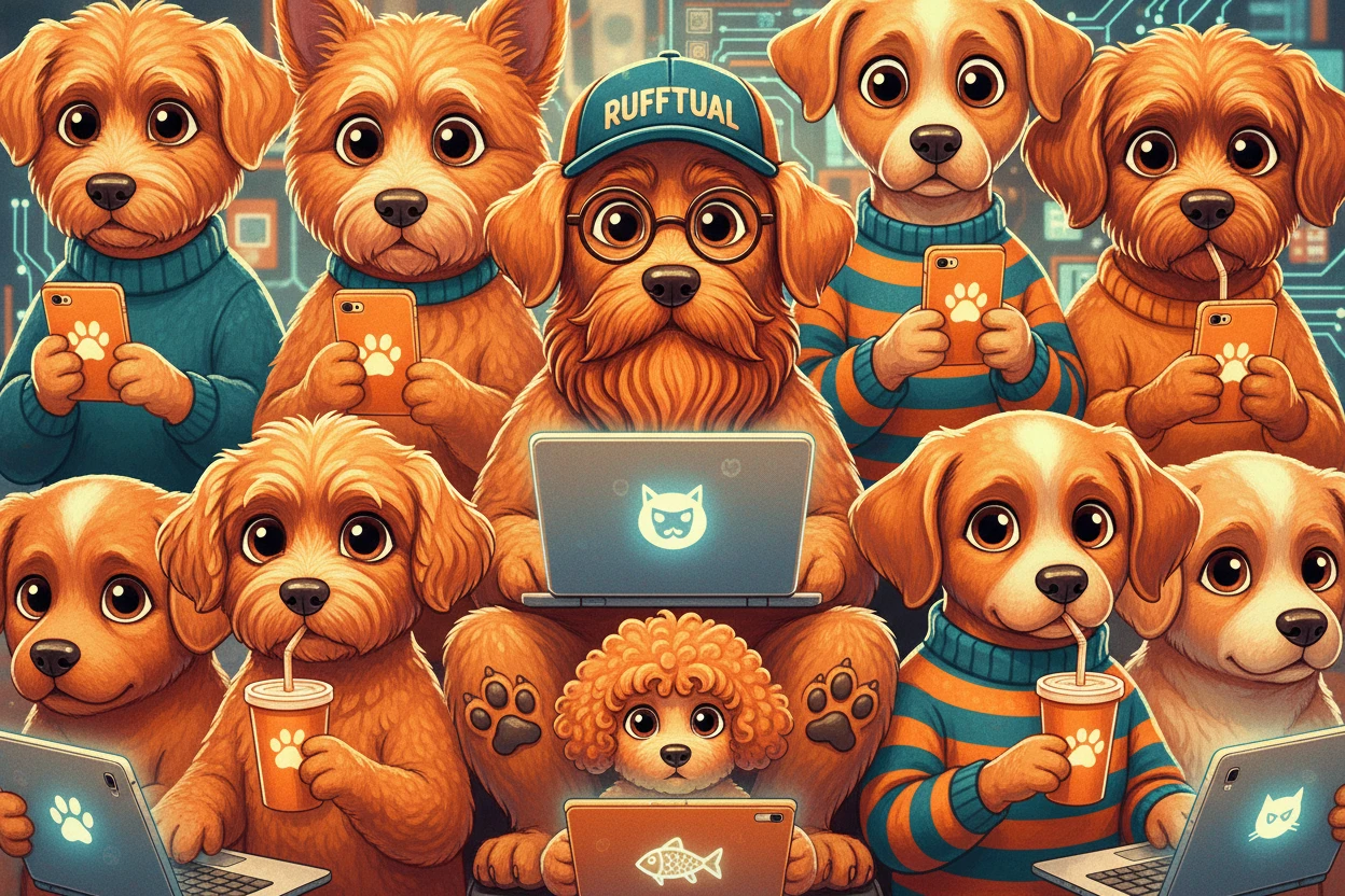 Retrato em grupo fantasioso de cães em tons de laranja amantes de tecnologia