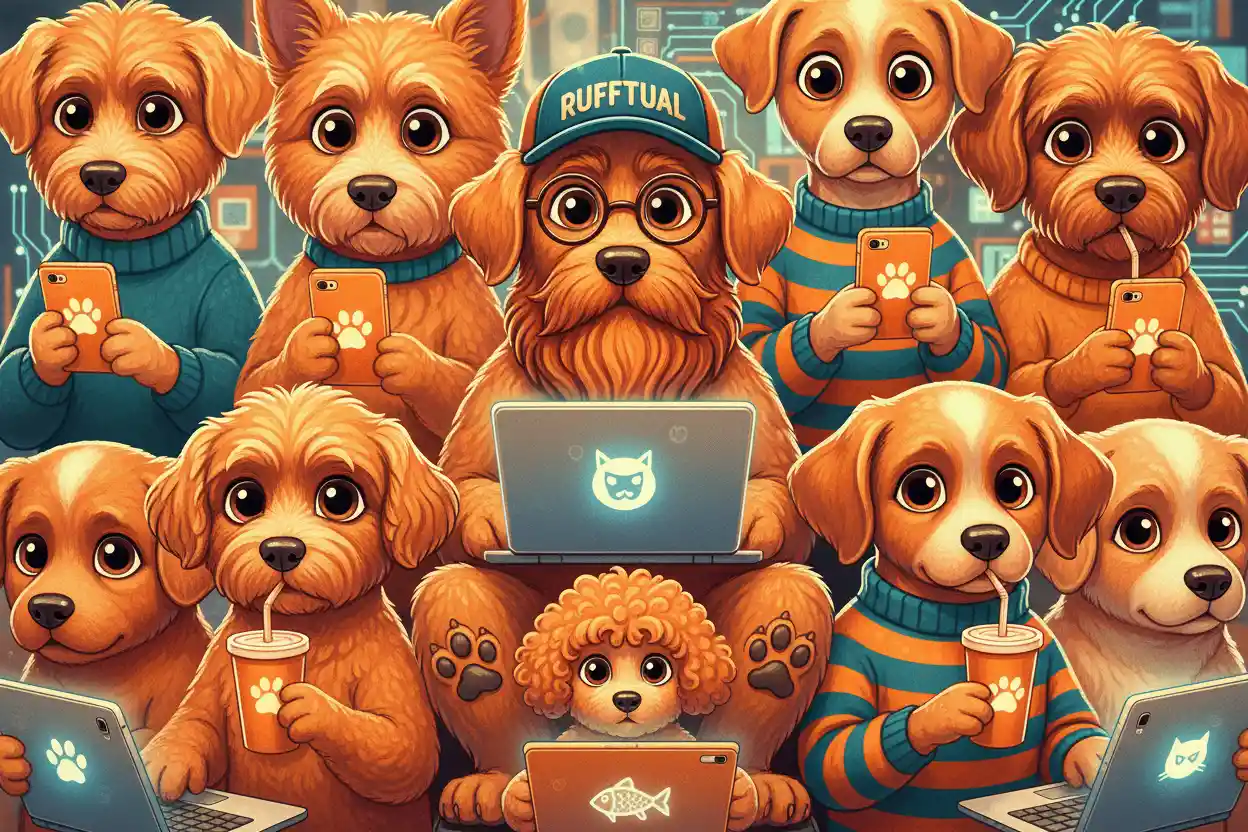 Retrato em grupo fantasioso de cães em tons de laranja amantes de tecnologia