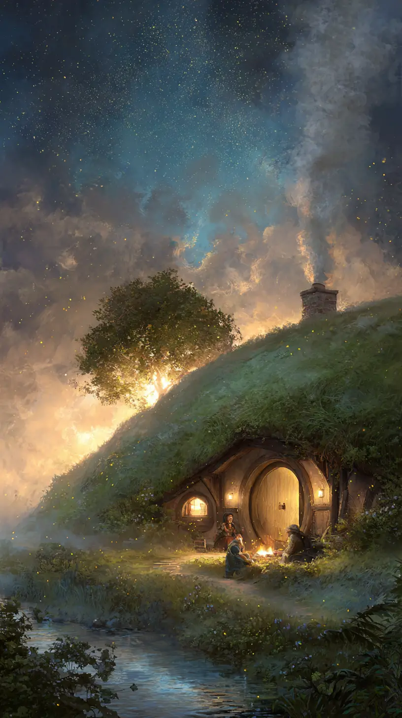 黃金時刻山丘旁的寧靜奇幻小屋