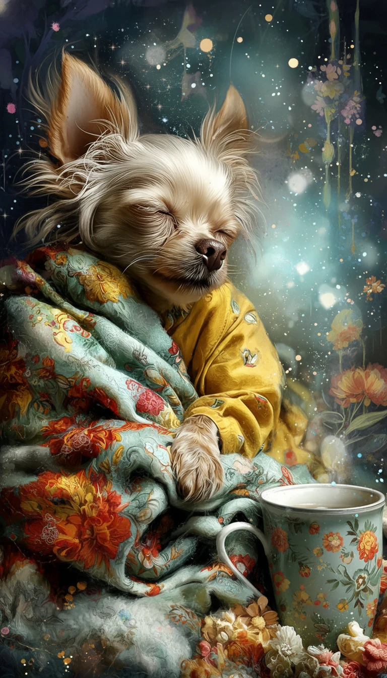 Ilustração aconchegante e fantasiosa à noite com um pequeno chihuahua