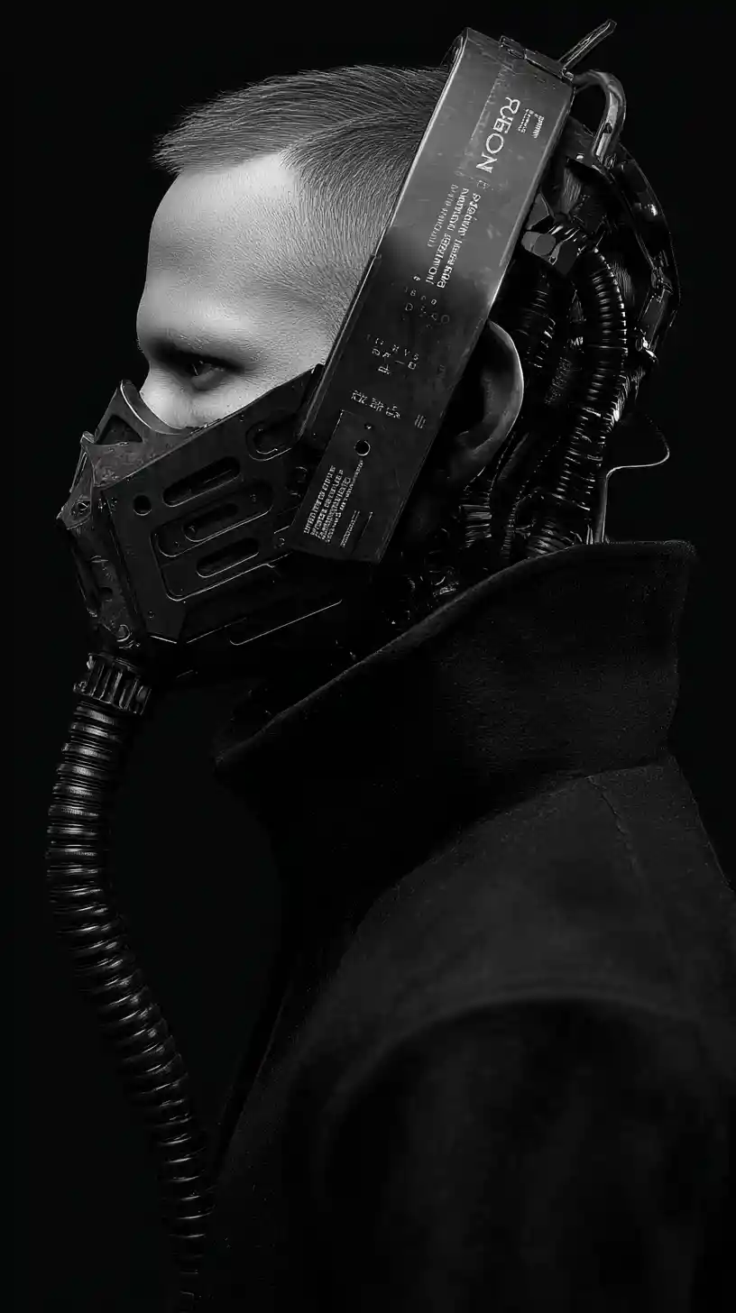 Homem ciborgue cyberpunk com máscara mecânica detalhada