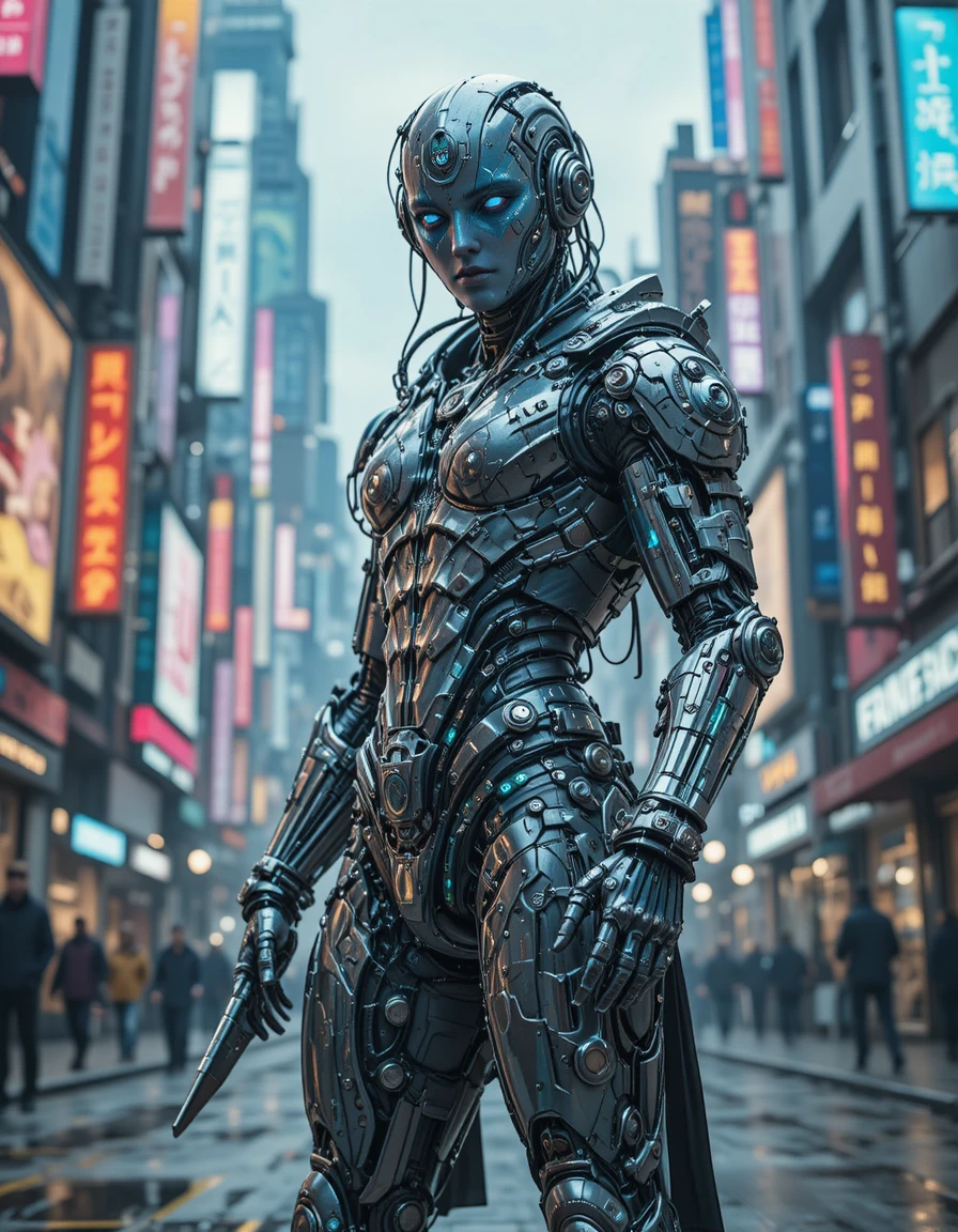 Homem ciborgue cyberpunk posando em uma metrópole futurista de neon