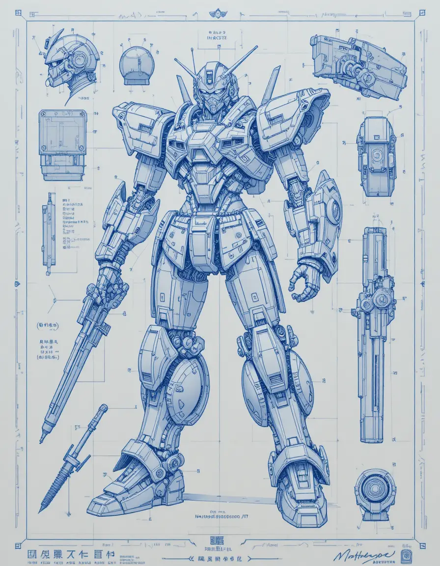 Technical blueprint of a cyberpunk japanese combat mecha design