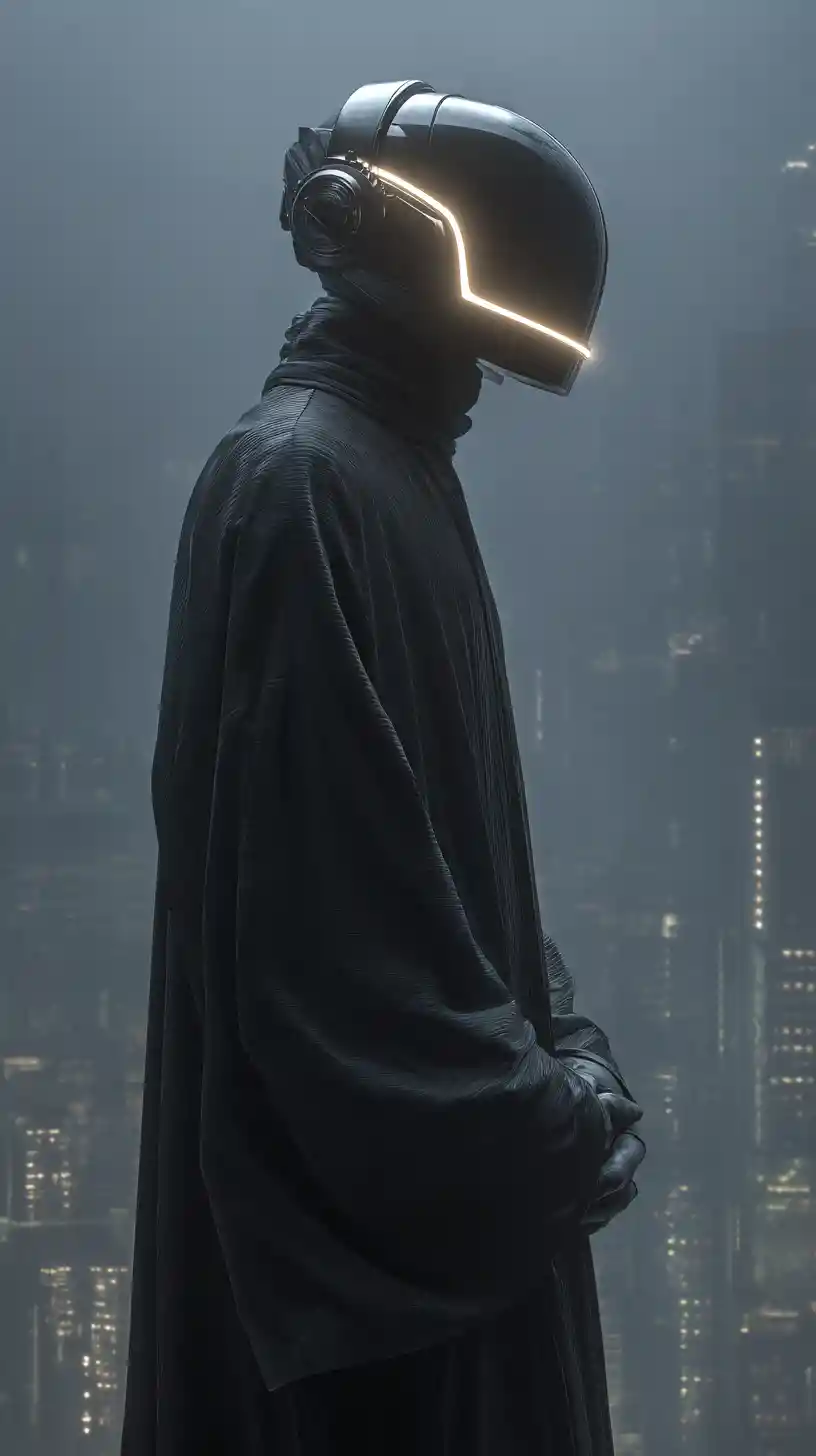 Futuristic armored man in black on apocalyptic landscape
