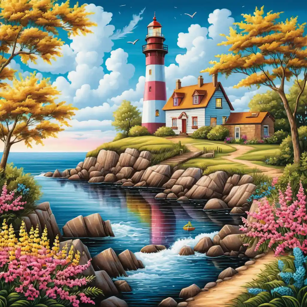 Colorful lighthouse by a narrow summer river with flowers
