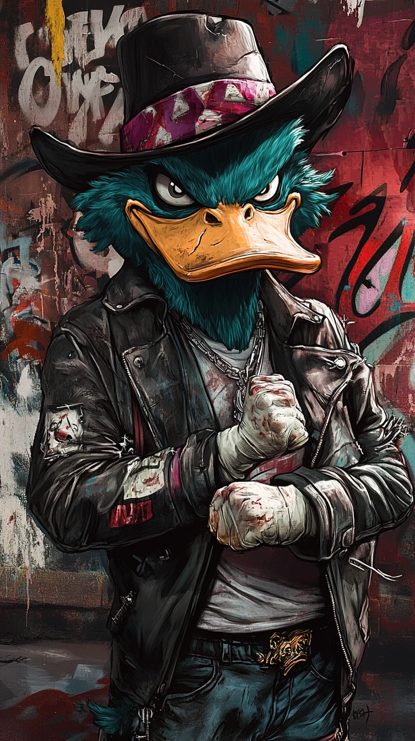 Subchefe de máfia pato com cicatrizes de jaqueta de couro e fedora