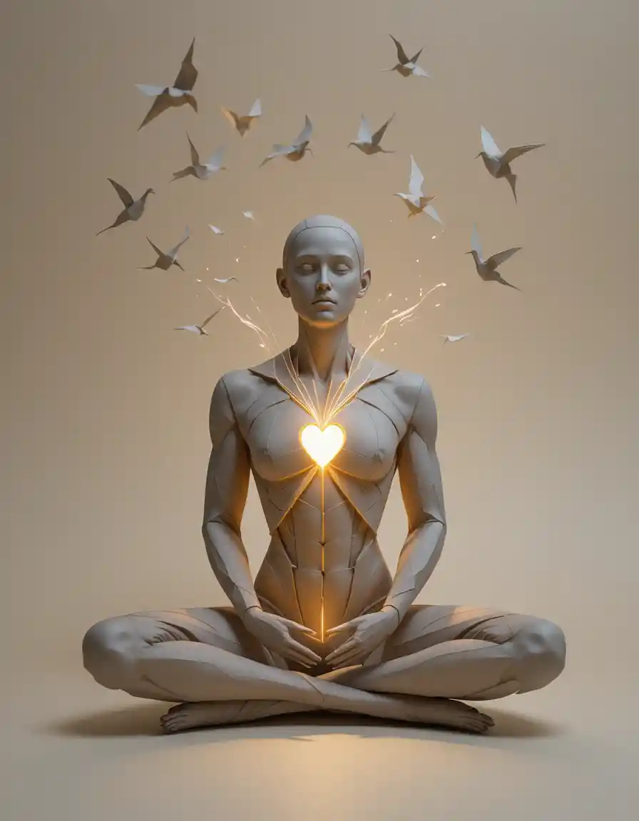 Minimal origami human with glowing heart and paper birds