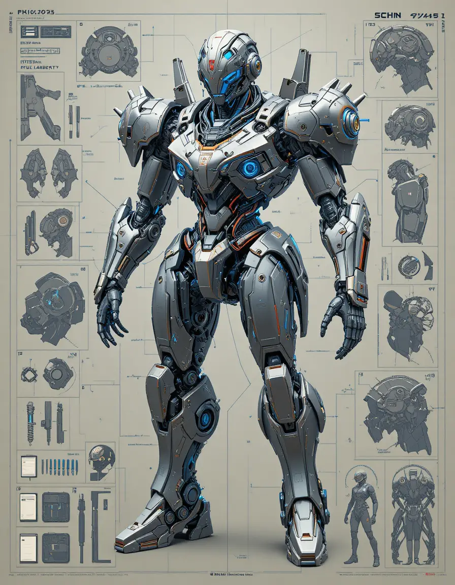 Futuristic cybernetic mecha blueprint with detailed cockpit layout