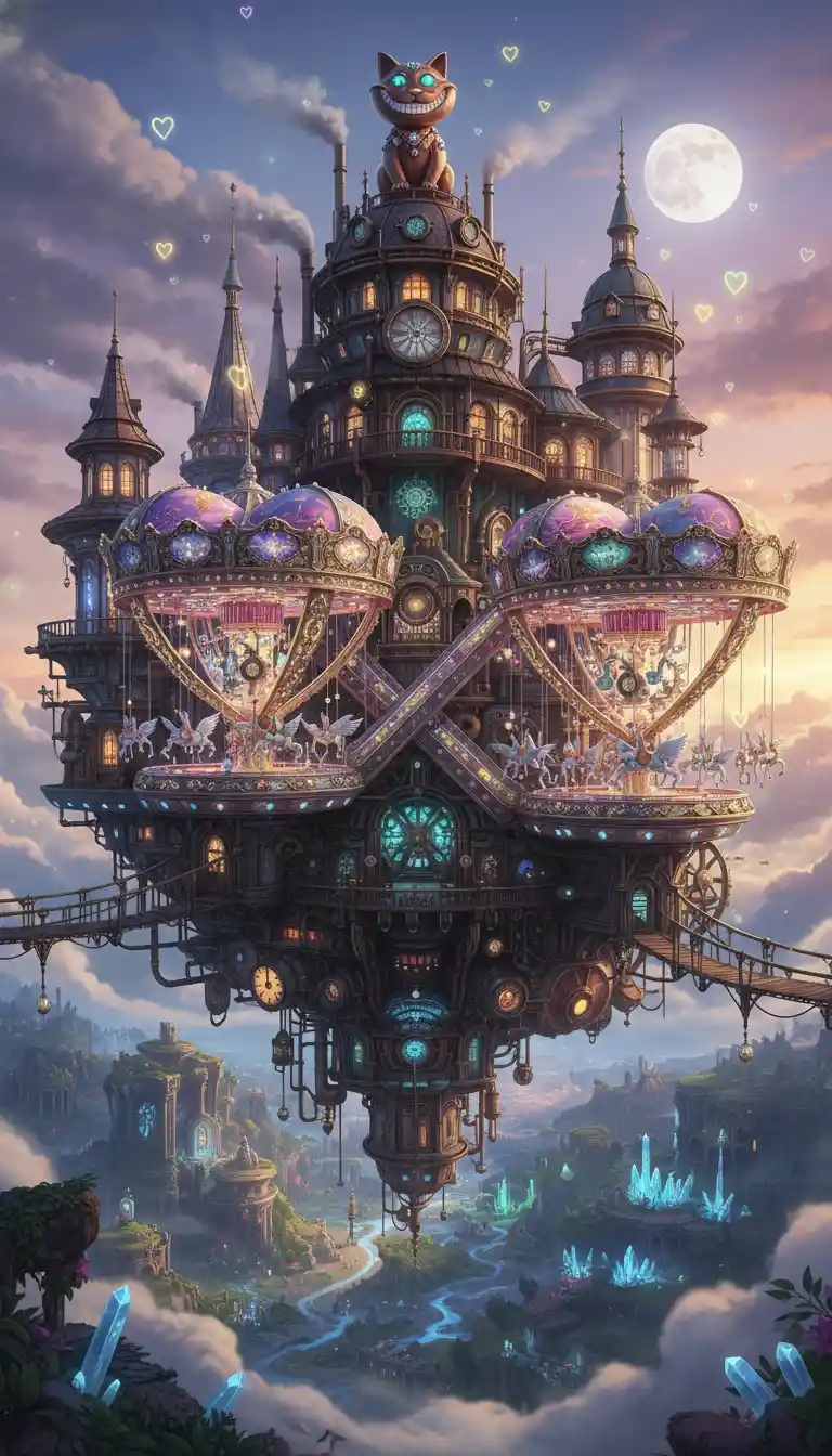 Parc steampunk flottant et féerique au-dessus d’un royaume mystique