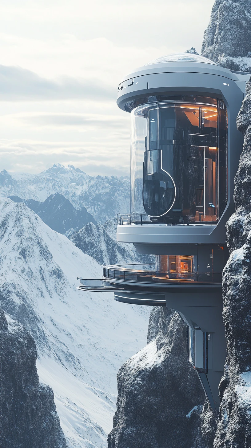 Architettura Futuristica di Montagna con Ascensore a Capsula Esterno