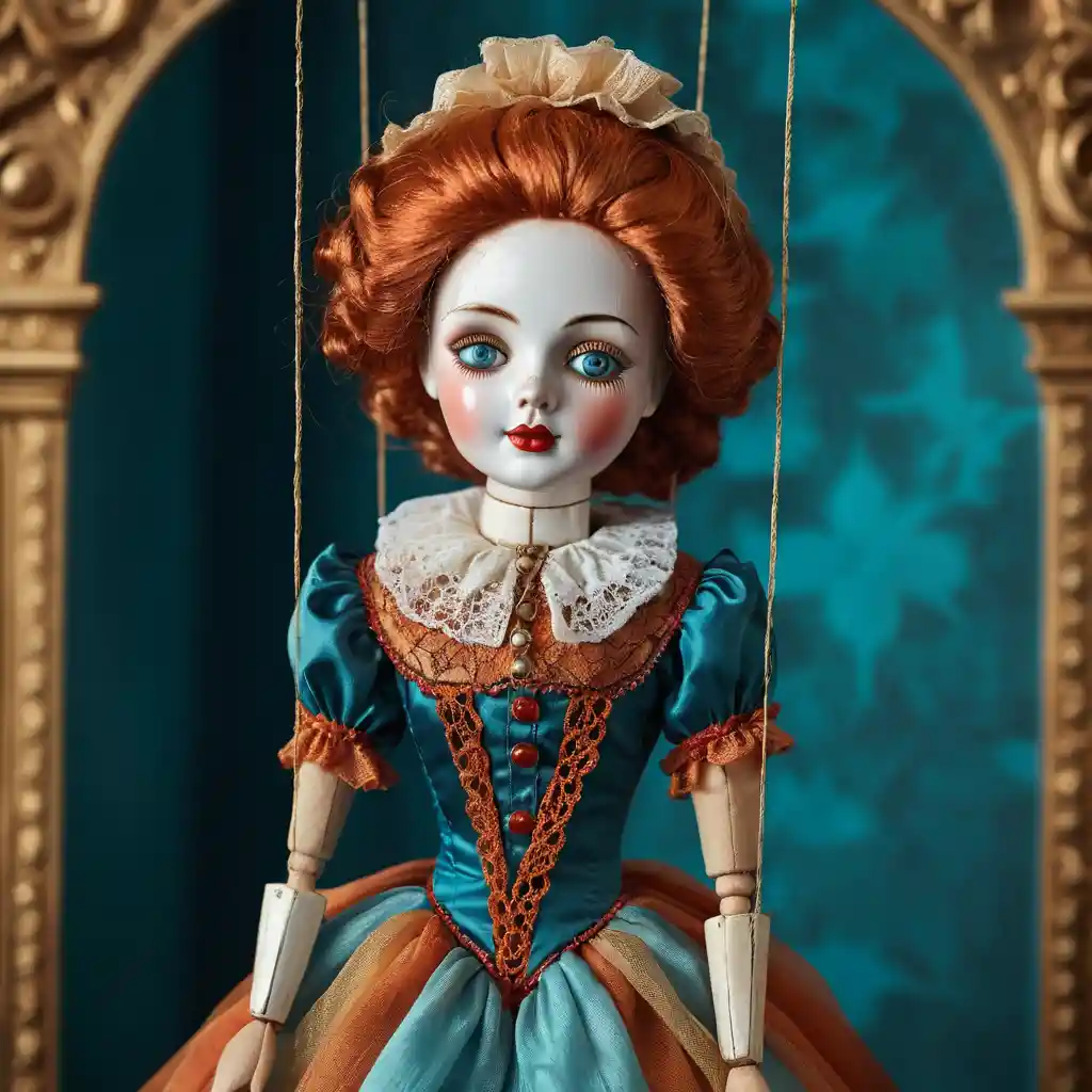 Muñeca marioneta vintage en hilos dorados con fondo ornamentado desenfocado