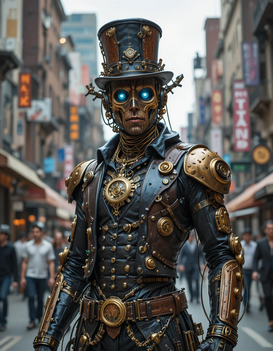 Herói ciborgue steampunk posando em uma rua movimentada de cidade de latão