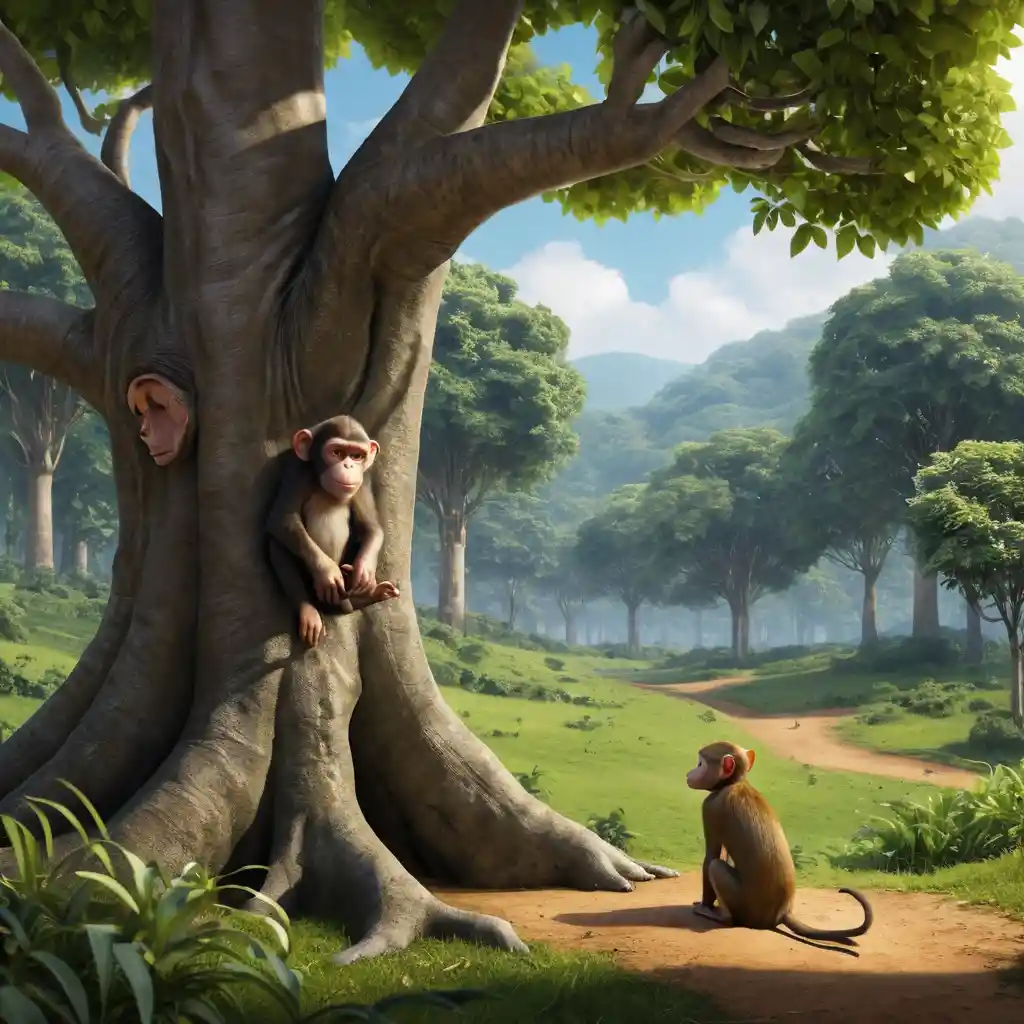 Perro solitario sentado bajo un gran árbol junto al bosque