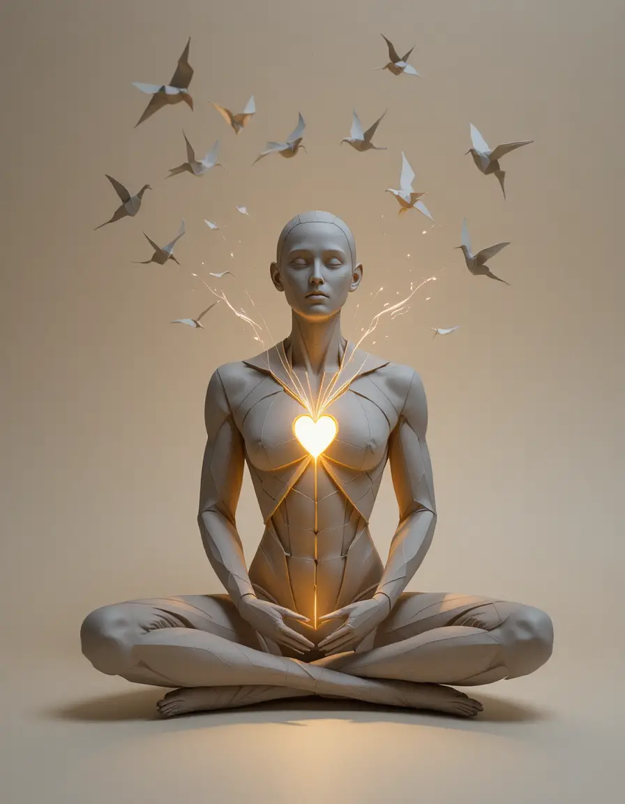 Minimal origami human with glowing heart and paper birds