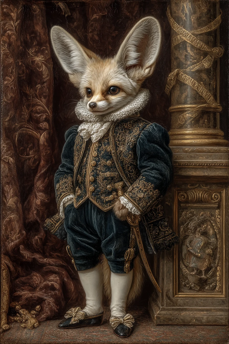 Ritratto di corte rinascimentale di una maestosa volpe fennec in velluto