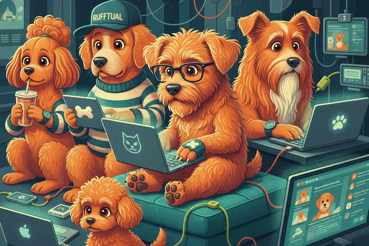 Group of tech savvy orange dogs in playful illustration