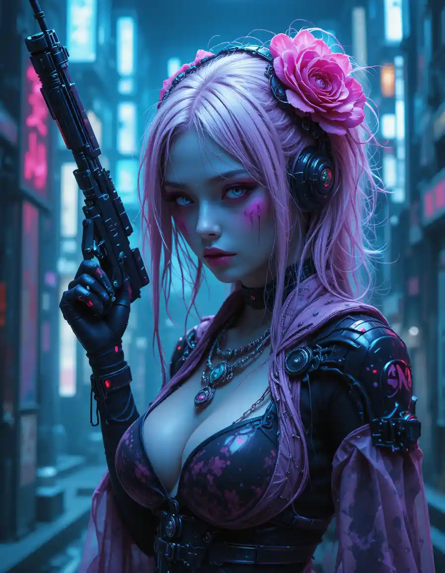 Geisha androide gotica cyberpunk in una città distopica al neon