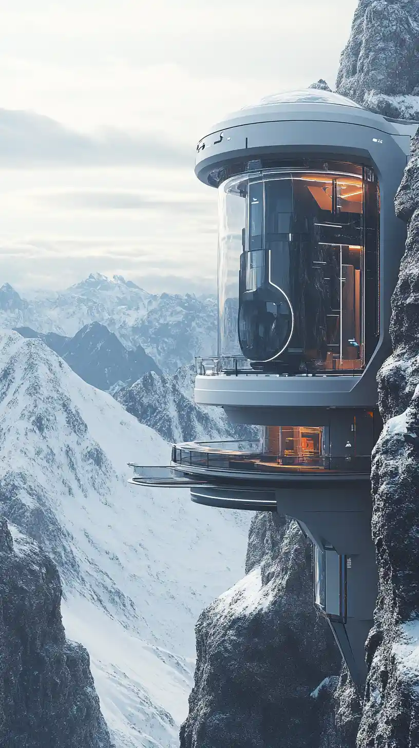 Arquitetura Futurista na Montanha com Elevador Cápsula Externo