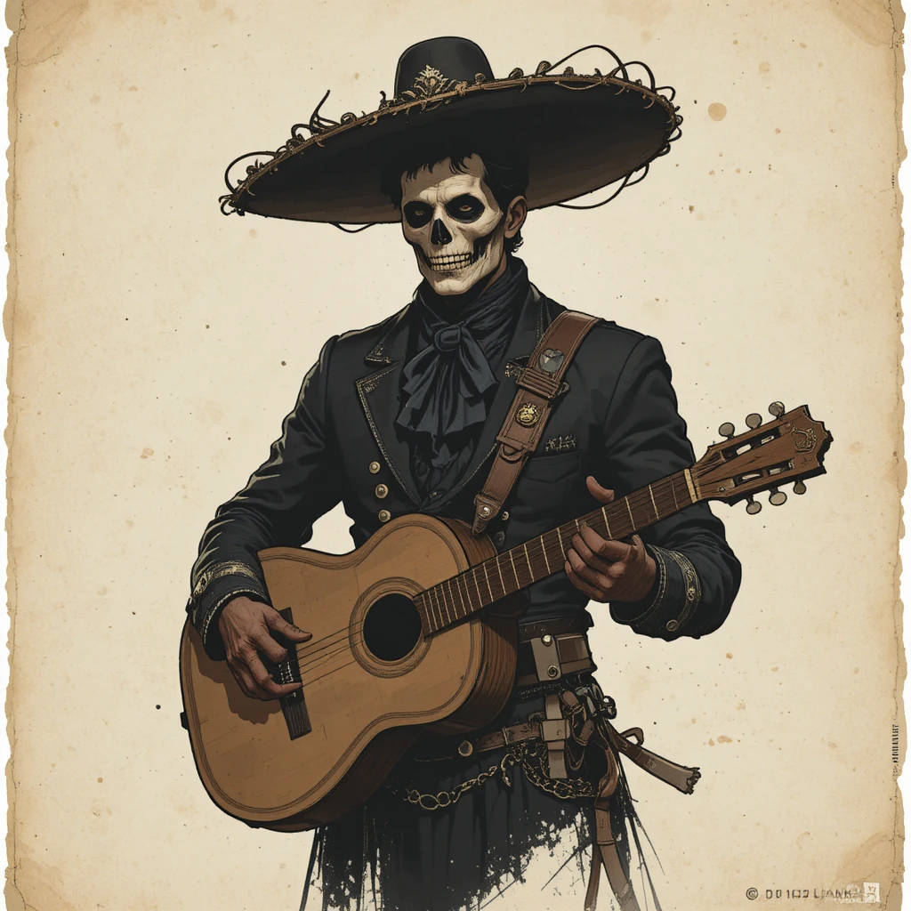 Fantasy charro in black suit with bone face mask