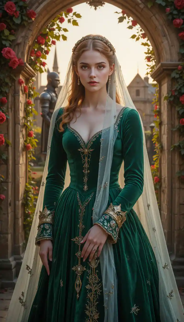 Queen in green velvet amid roses at dusk