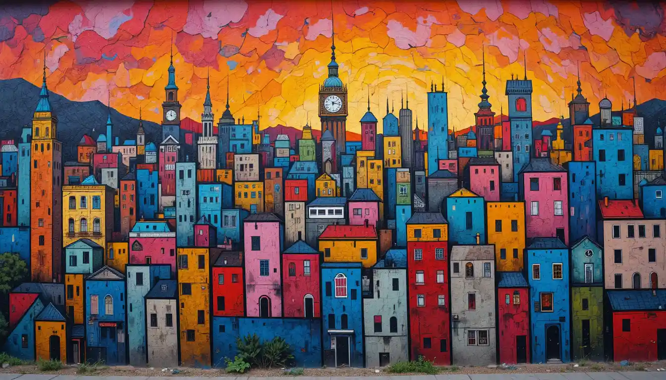 Farbenfrohes Street-Art-Stadtbild-Mural unter einem warmen Abendhimmel