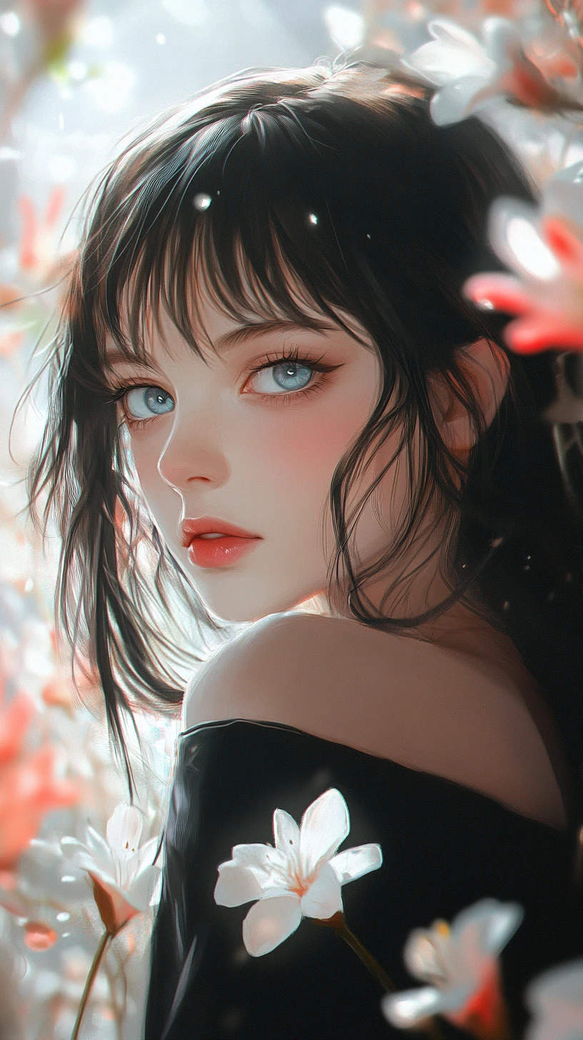 Anime girl portrait with flowers and shimmering bokeh light