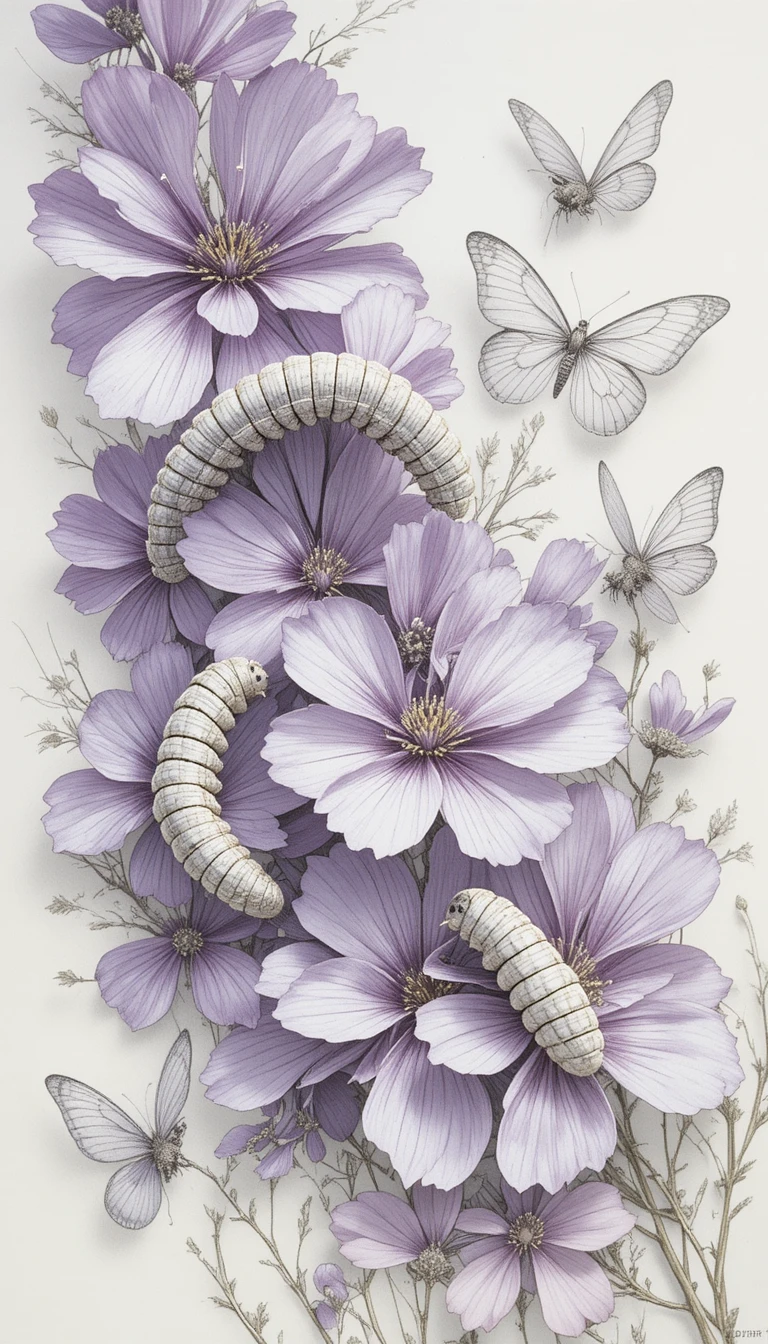 Transparent butterflies and caterpillars on pale lilac flowers