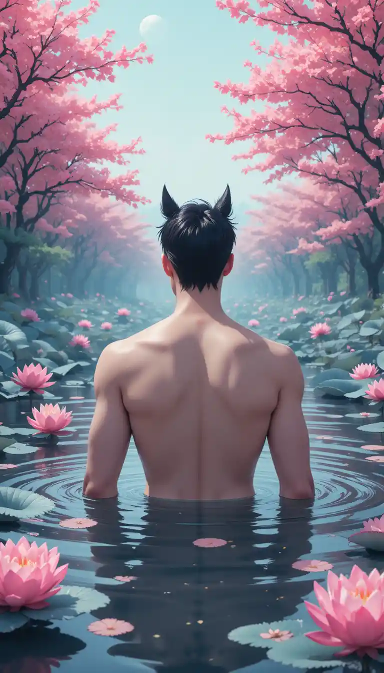 Cavaliere in un lago di loto visto da dietro