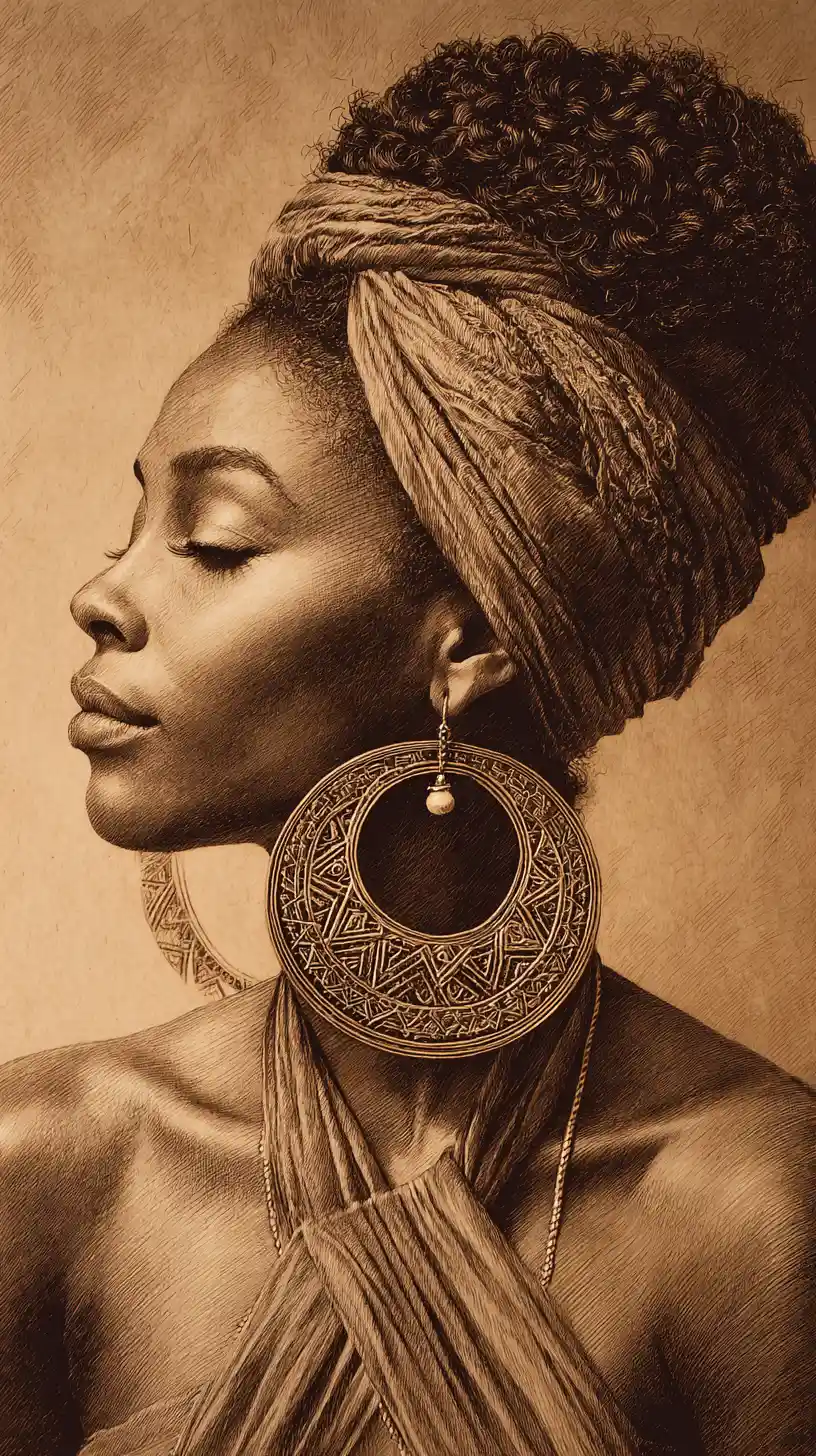 Sepia pencil profile portrait of a serene young woman