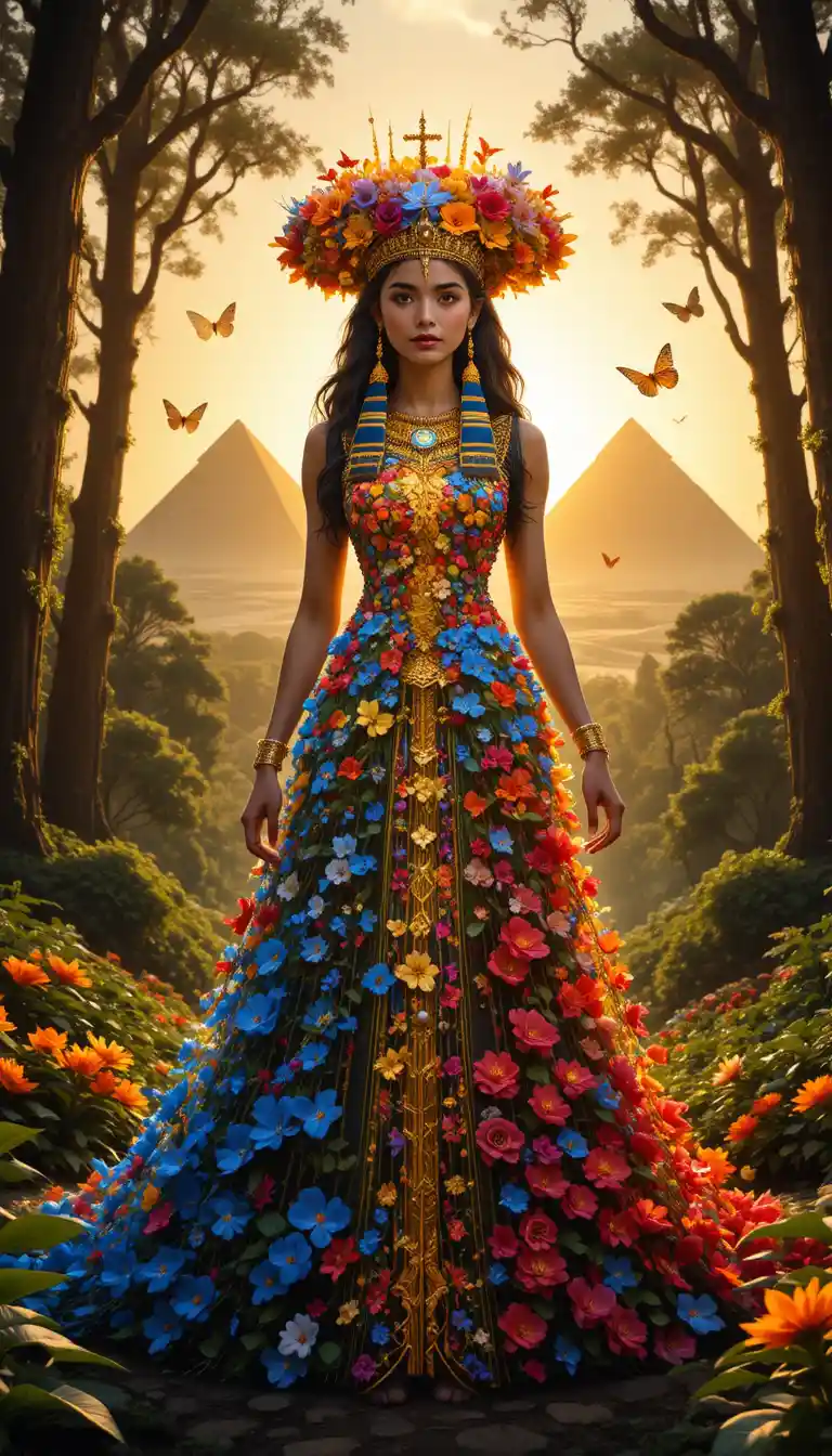 Blumenkönigin in ägyptischen Farben bewacht einen leuchtenden Wald