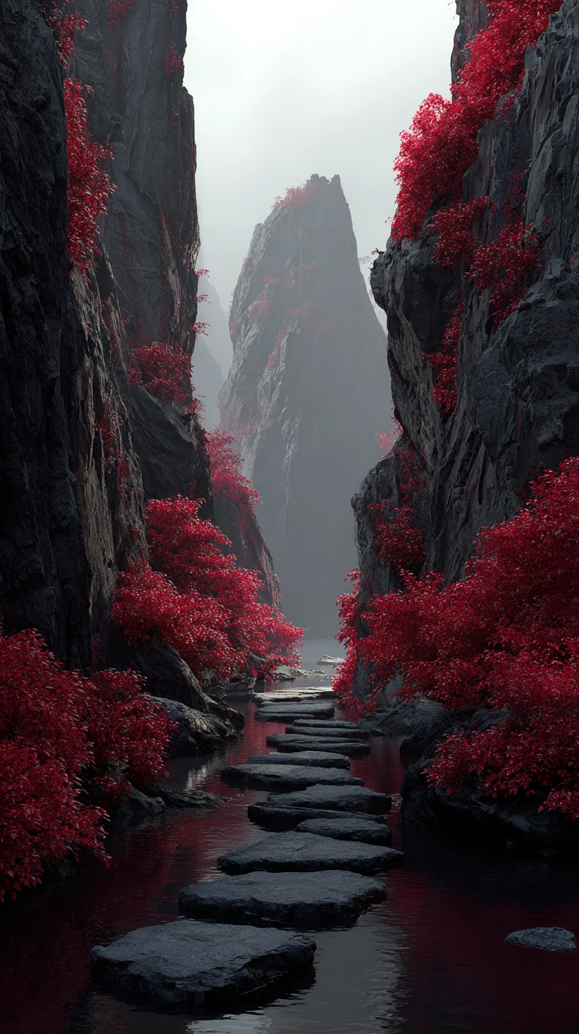 Canyon noir brumeux avec feuillage rouge et sentier de pierre