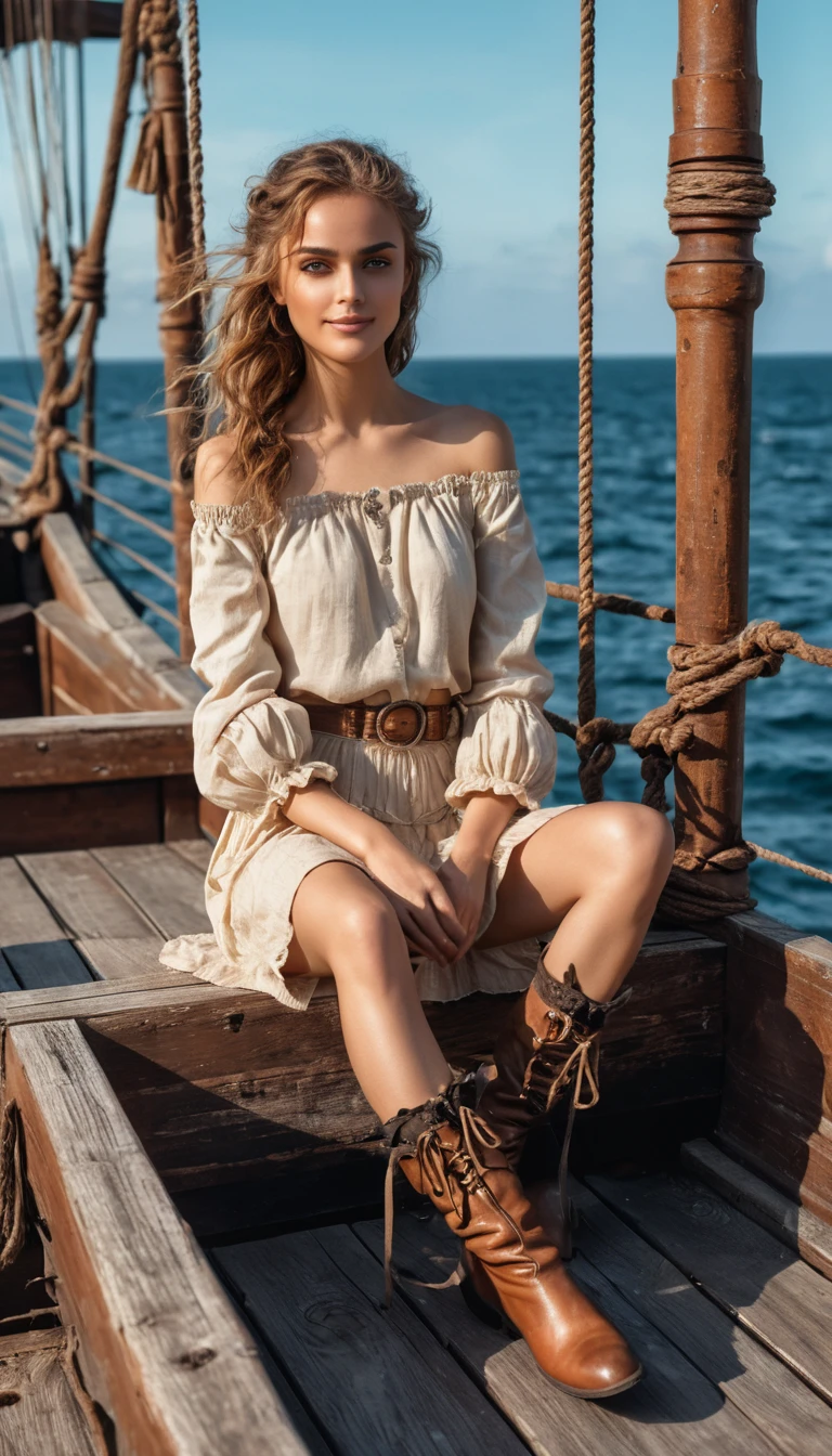 Femme pirate sûre d’elle sur un pont en bois usé au coucher du soleil
