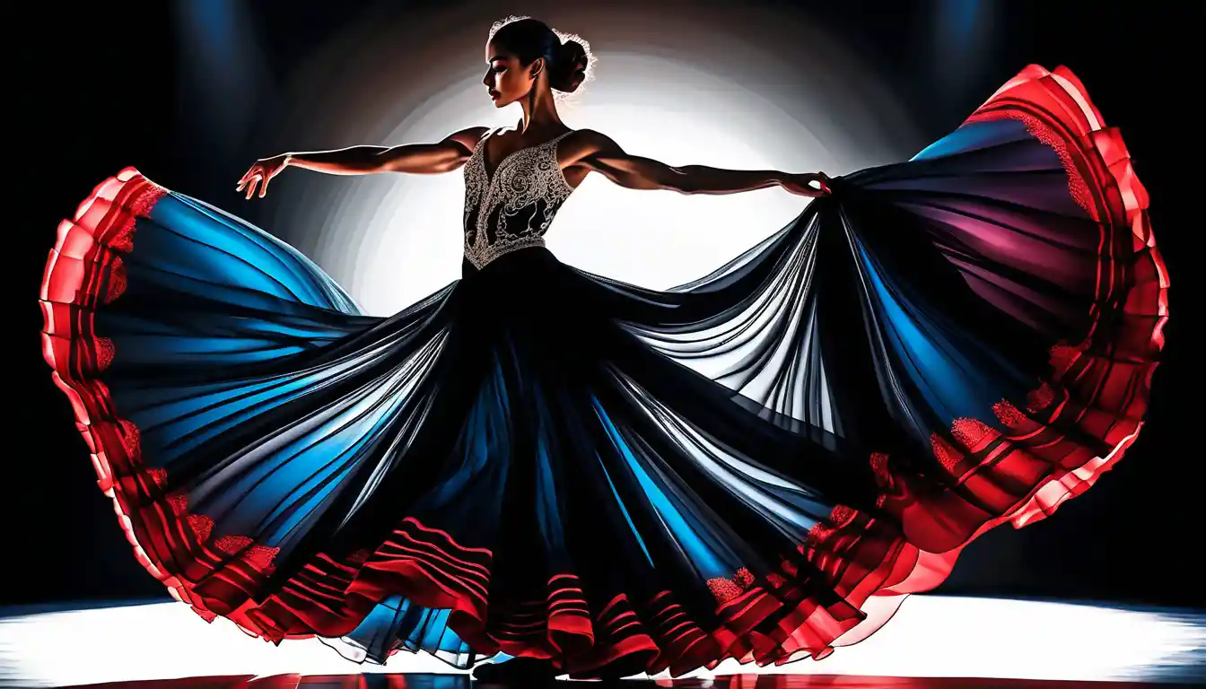 Spanish dancer in flowing skirt with cinematic colored light
