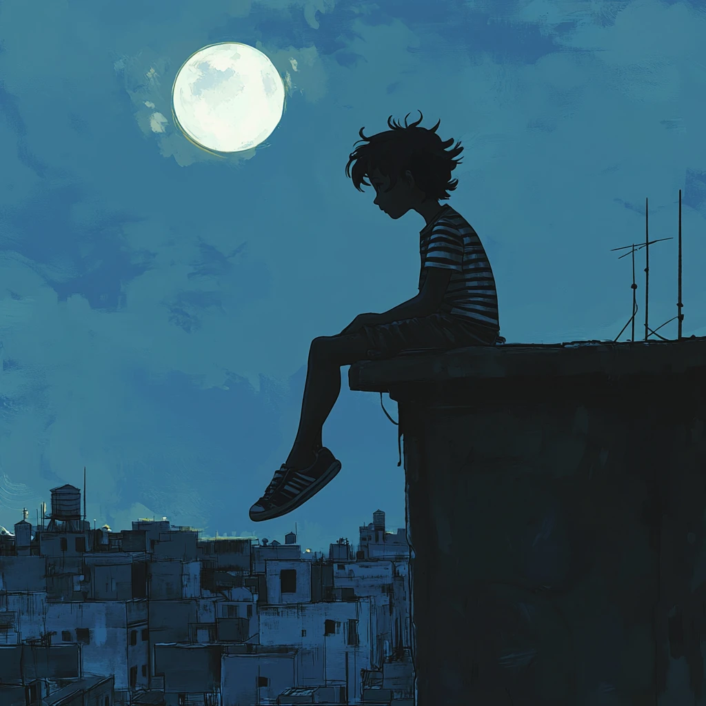 夜空の下で都会の屋上に座る少年